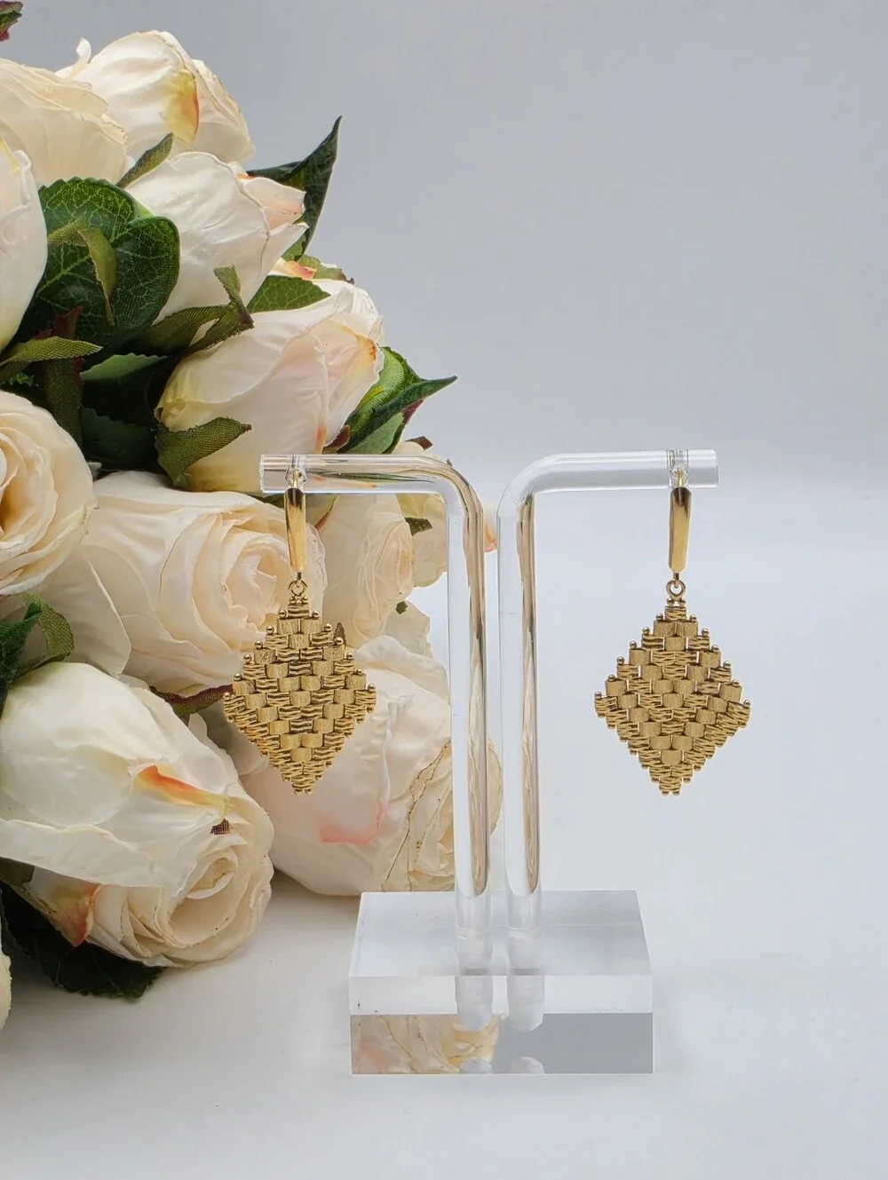 VTG 14K Yellow Gold Imperial Woven Basket Weave Diamond Drop Earrings 7.86g